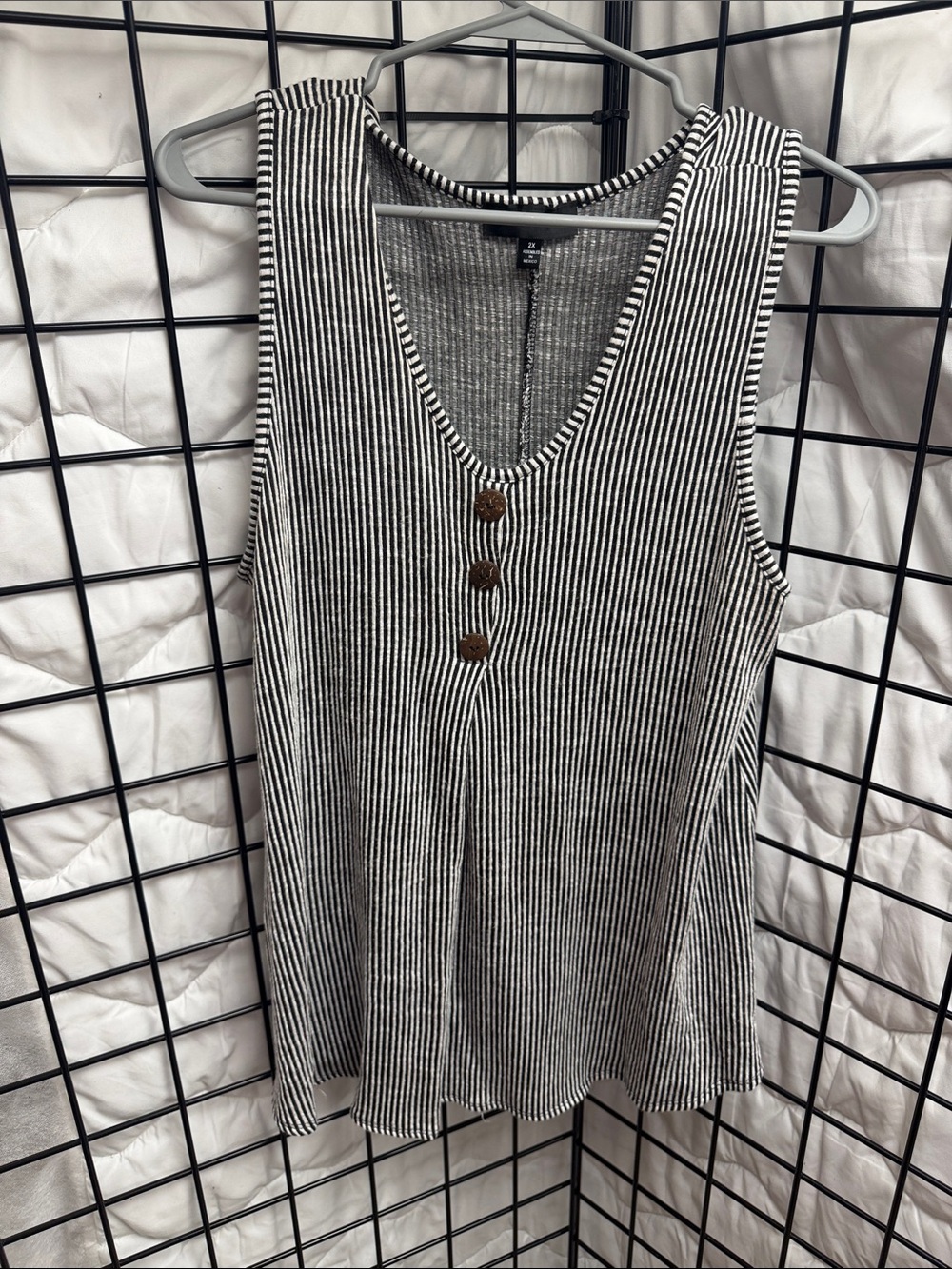 Women’s Black & White Striped Sleeveless Button Tank